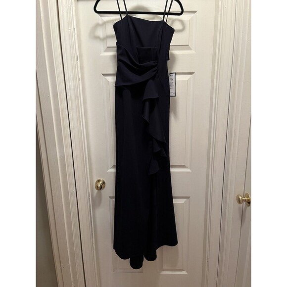 Betsy & Adam Ruffle Cascade Strapless Fit Flare Navy Prom Evening Gown Dress 4 - Picture 6 of 16